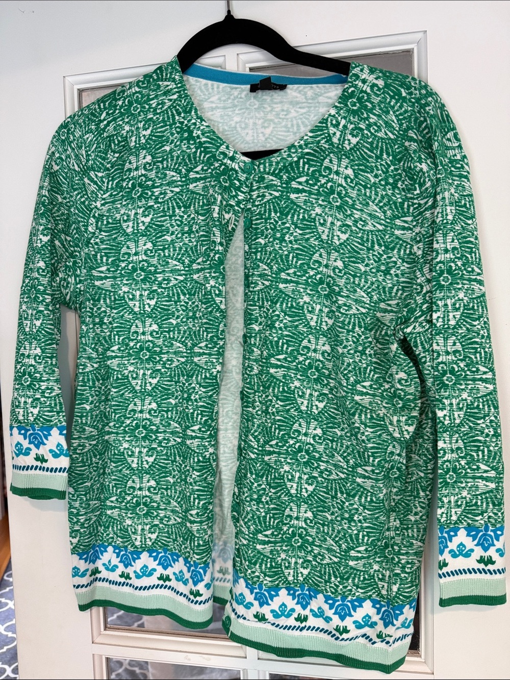 Talbots Green Patterned Open-Front Cardigan with Blue & White Trim